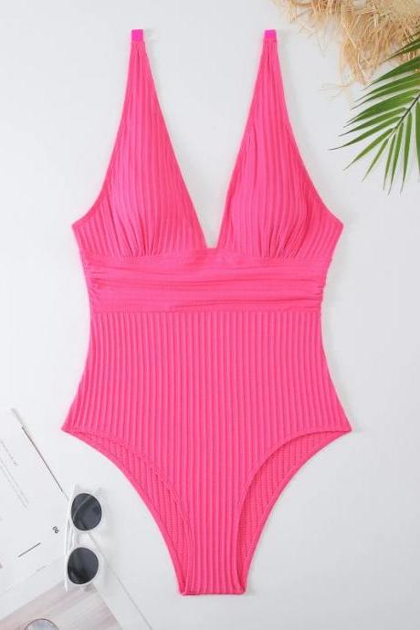 Womens Ribbed Pink V-neck One-piece Swimsuit Beachwear