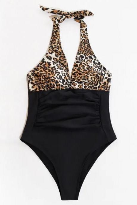Womens High Neck Halter One-piece Leopard Swimsuit