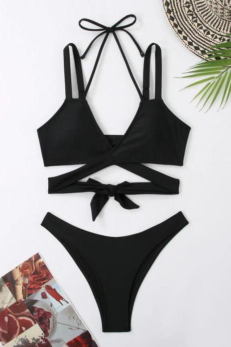 Chic Black Tie-front Two-piece Swimsuit Set