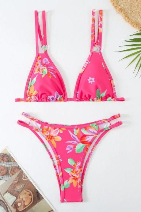 Floral Pink Womens Bikini Set With Adjustable Straps