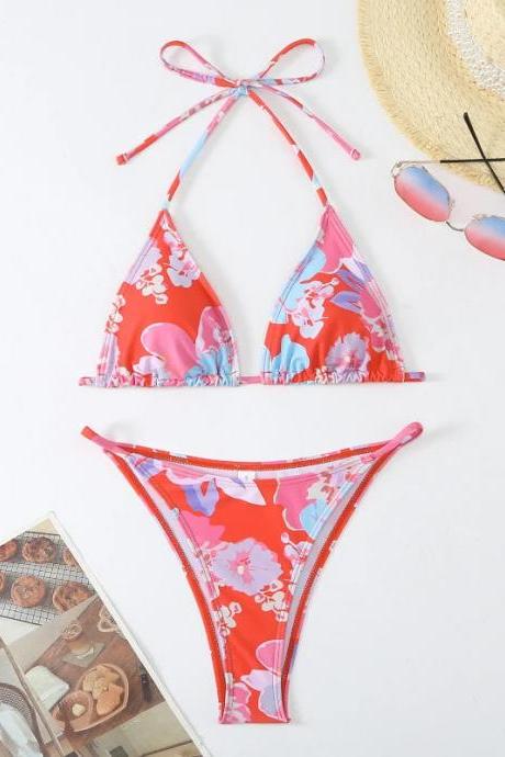 Womens Floral Print Triangle Bikini Set Swimwear