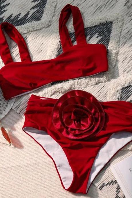 Womens Red High-waisted Bikini Set With Rose Detail