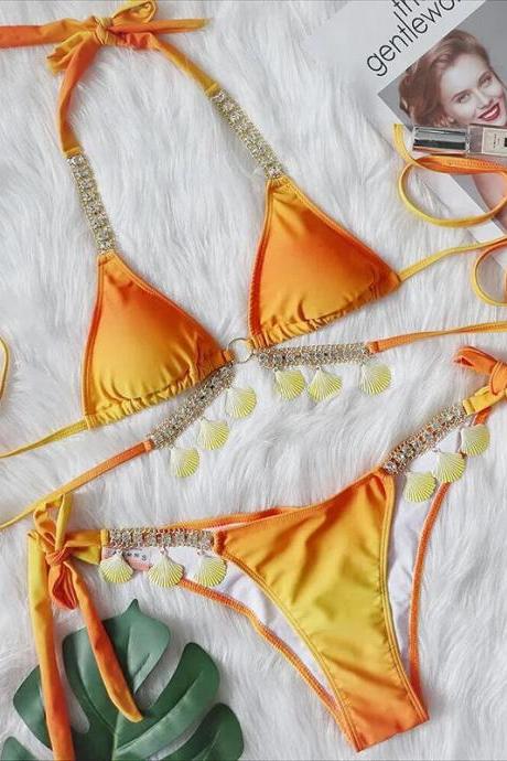 Womens Orange Halter Top Bikini Set With Rhinestones