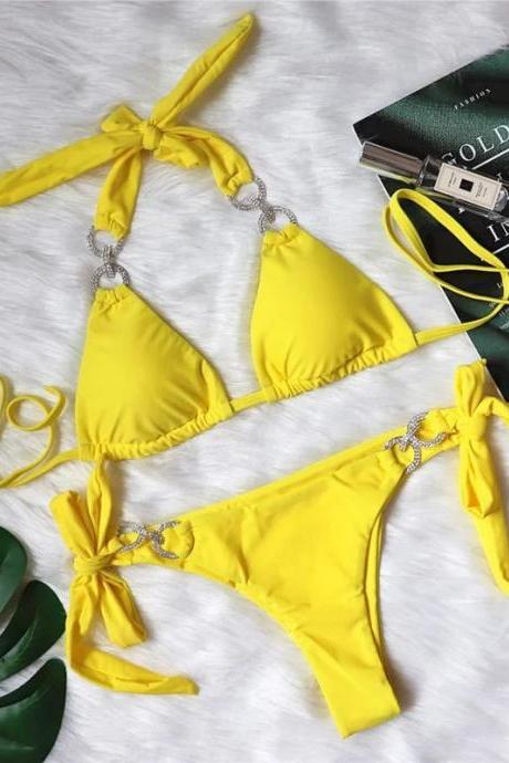 Womens Yellow Halter Neck Bikini Swimwear Set