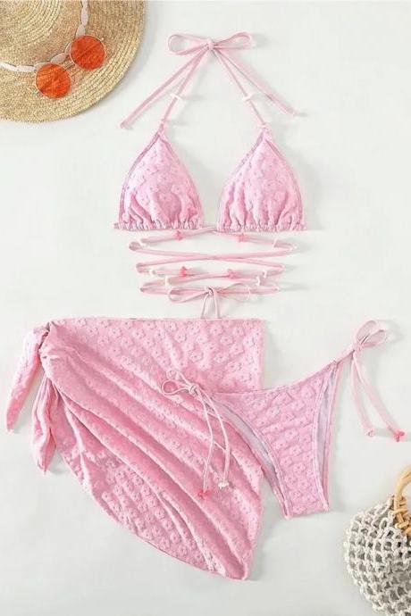Womens Pink Textured Bikini Set With Tie Sides