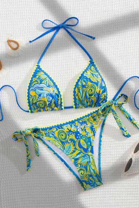 Womens Blue And Yellow Paisley Print Bikini Set