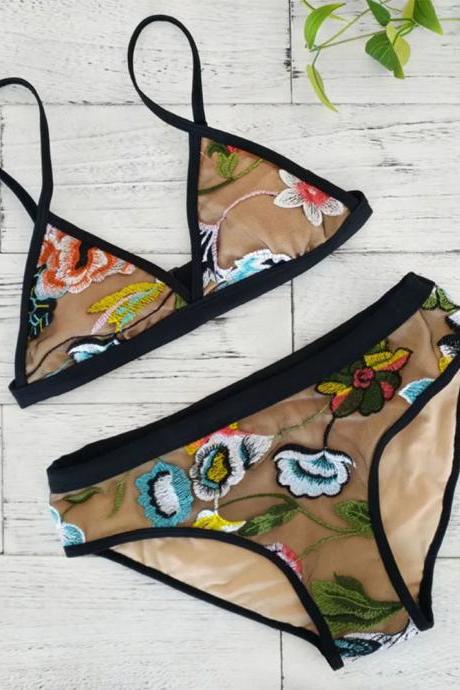 Womens Embroidered Floral Mesh Lingerie Set Bikini