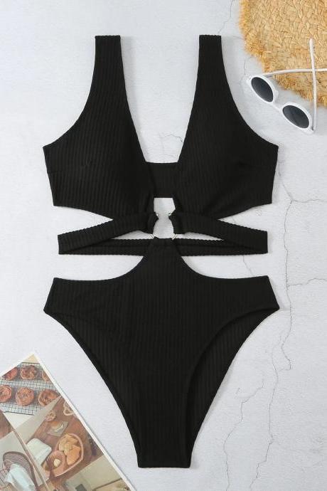 Womens Black Ribbed Cutout High-waist Bikini Set