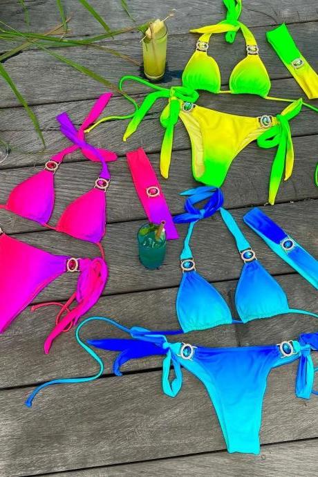 Womens Vibrant Tie-side Bikini Sets With Ring Accents