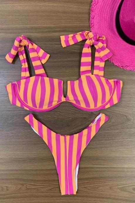 Striped Tie-front Underwire Bikini Set With Sunhat