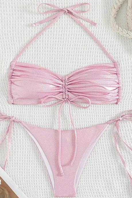 Womens Shiny Pink Halter Neck Bikini Swimwear Set