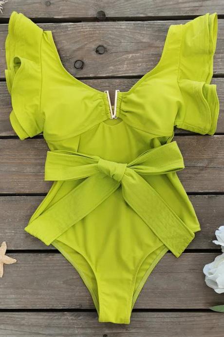 Womens Ruffle Sleeve V-neck One-piece Swimsuit With Bow