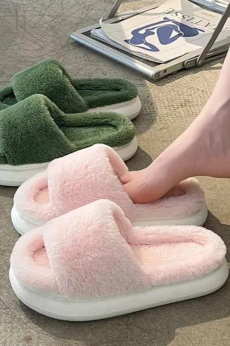 Cozy Womens Fluffy Plush Platform Slippers Indoor Footwear