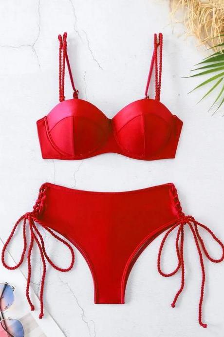 Womens Red Two-piece Braided Strap Bikini Set