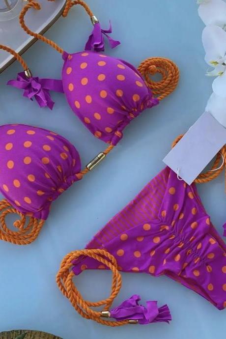 Womens Polka Dot Bikini Set With Braided Ties Purple
