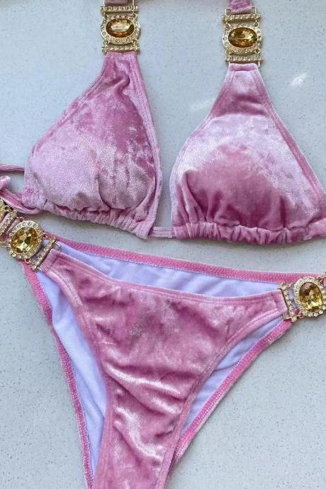 Pink Velvet Bikini Set With Gold Gemstone Accents