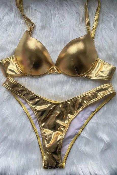 Luxurious Gold-tone Metallic Bikini Set Swimwear