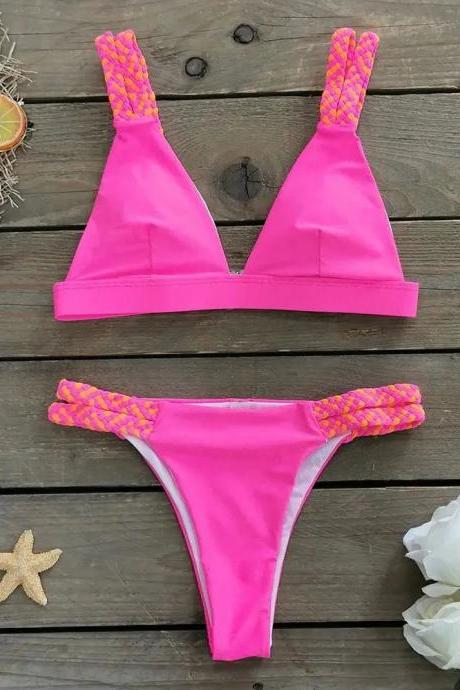 Womens Braided Strap Pink Bikini Set Swimwear