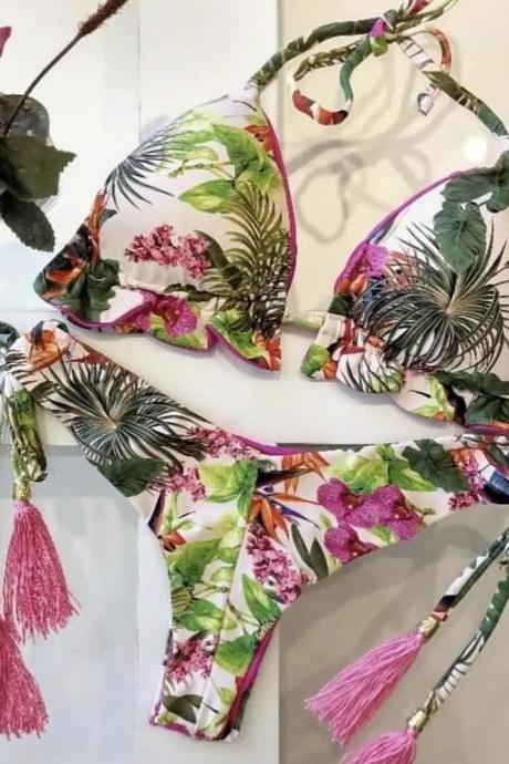 Tropical Print Tasseled Halter Neck Bikini Set