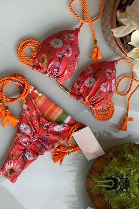 Floral Print Womens Bikini Set With Braided Ties