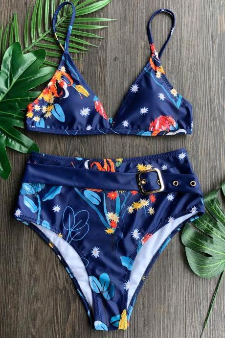 Womens Tropical Print High-waisted Bikini Set Swimsuit