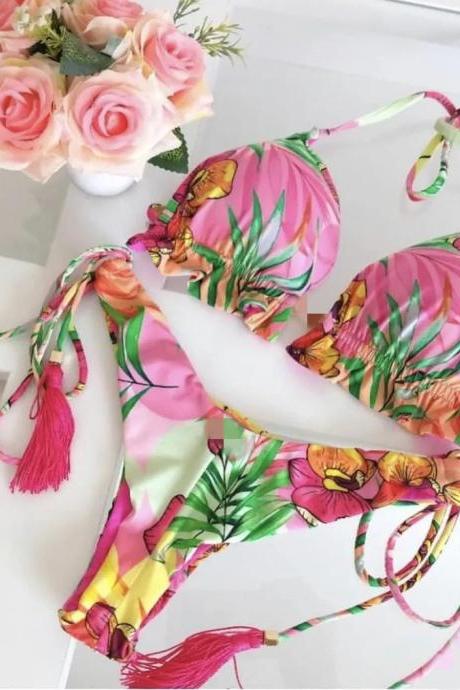 Tropical Print Tassel Bikini Set For Women Swimwear