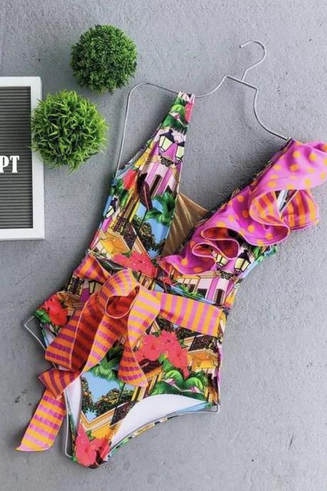 Womens Tropical Print One-piece Swimsuit With Ruffles