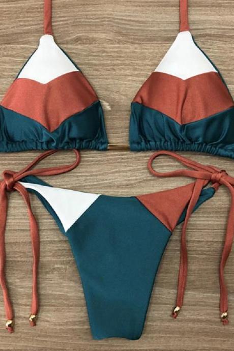 Colorblock Halter Neck Bikini Set With Side Ties