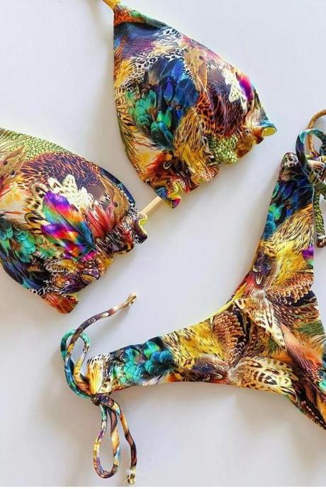 Womens Tropical Bird Print Bikini Set With Tie Sides