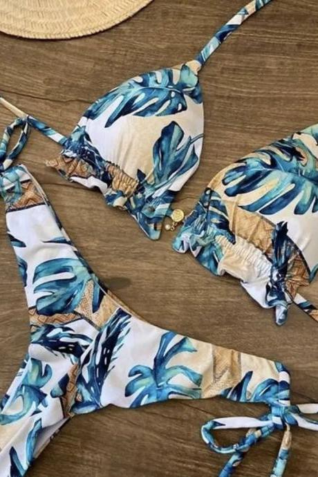 Tropical Leaf Print Halter Neck Bikini Swimwear Set