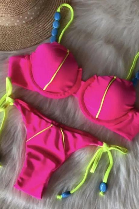 Neon Pink And Yellow Bikini Set With Bead Accents