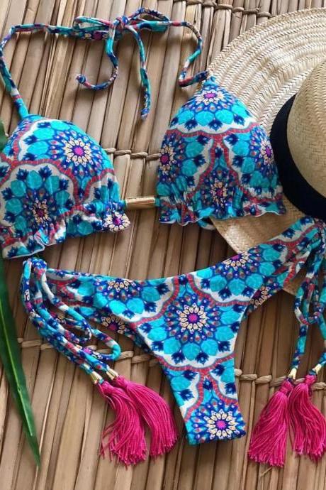 Womens Floral Tassel Tie Bikini Set Swimwear Beachwear