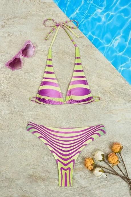 Womens Striped Halter Neck Bikini Swimwear Set Purple