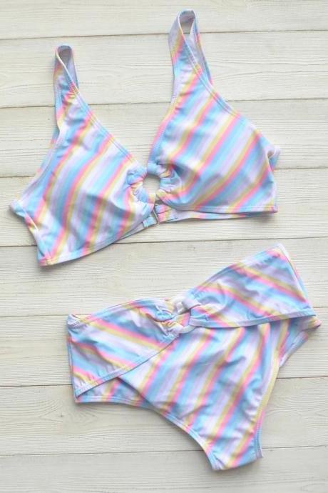 Pastel Rainbow Striped Bikini Set With Bow Details