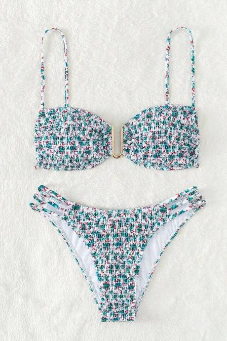Chic Tweed Textured Bikini Set With Ring Detail