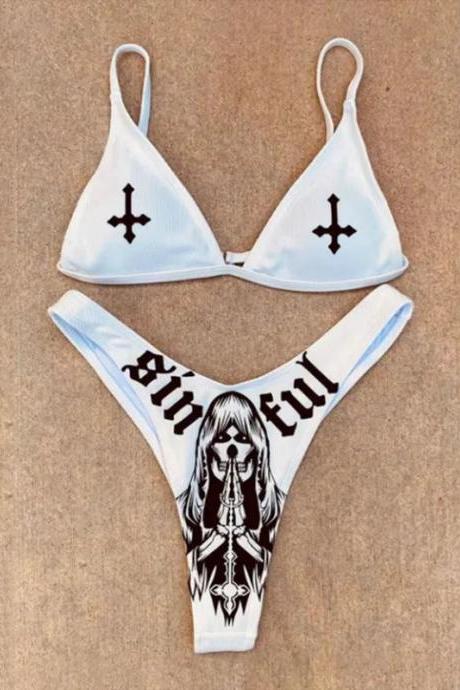 Gothic Print White Bikini Set With Cross Design