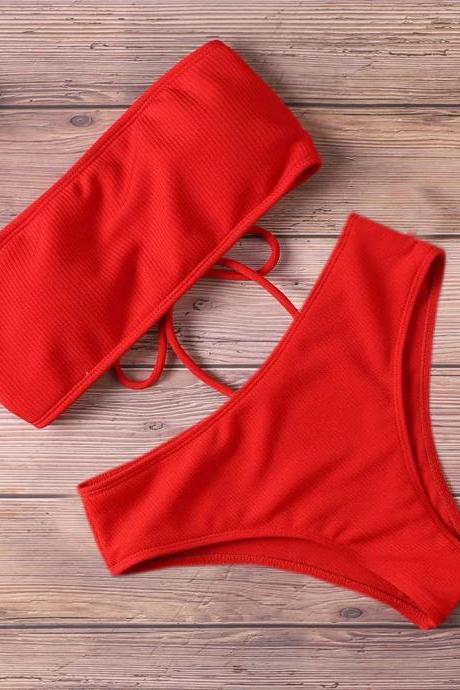 Womens Ribbed Two-piece Bikini Swimwear Set Red