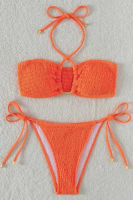 Womens Textured Orange Bikini Set With Tie Sides