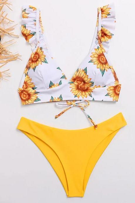 Womens Sunflower Print Bikini Set With High-waisted Bottom