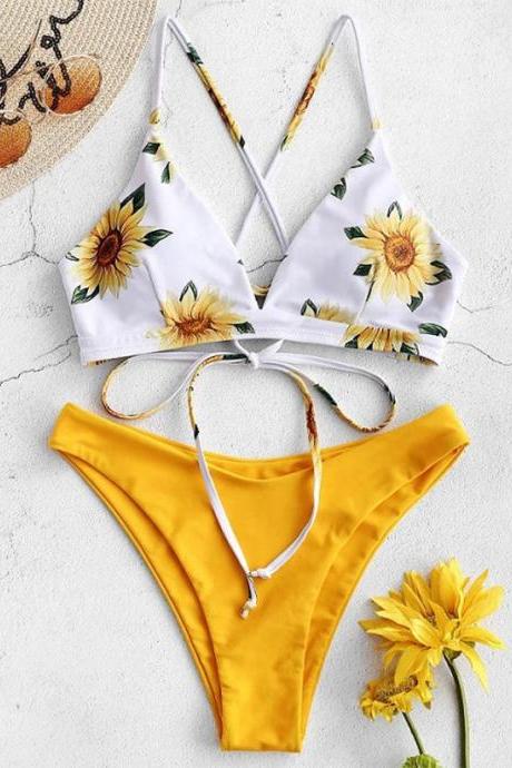 Womens Sunflower Print Bikini Set With High-waisted Bottoms