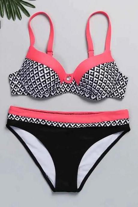 Chic Geometric Print Two-piece Swimwear Set Pink
