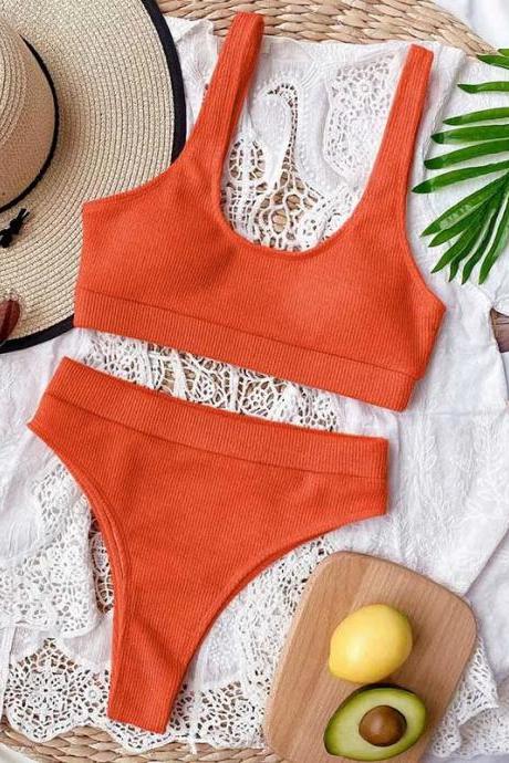 Womens Ribbed High-waisted Bikini Swimsuit Set Orange