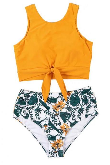 Girls Tropical Print High-waisted Bikini Set, Mustard Yellow