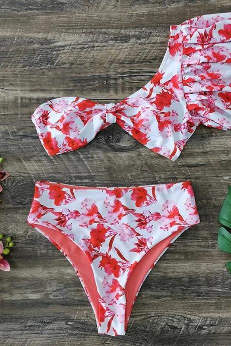 Womens Floral Print High-waist Bikini Swimwear Set