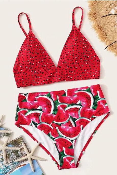 Womens Red Watermelon Print High-waisted Bikini Set
