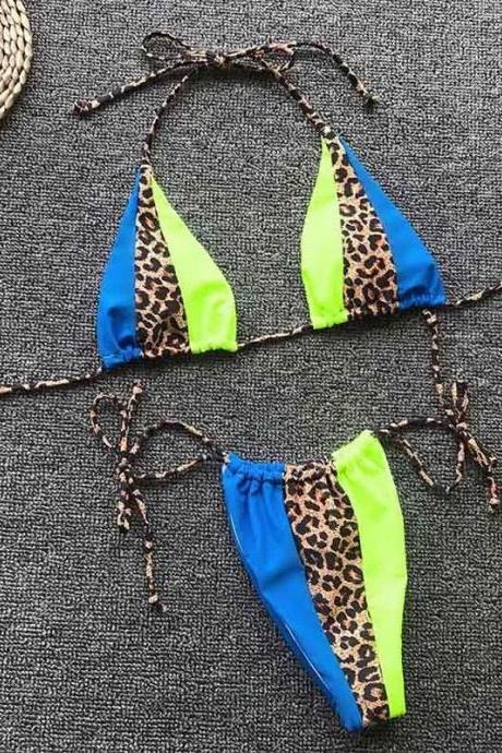 Neon Contrast Leopard Print Two-piece Bikini Set