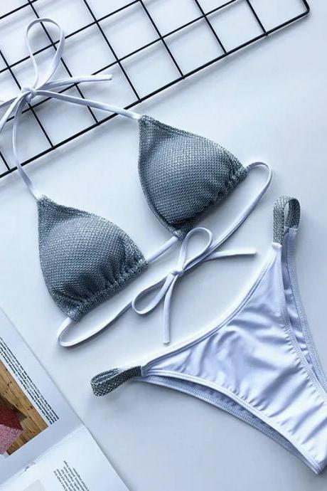 Womens Textured Triangle Bikini Set Tie Closures Swimwear