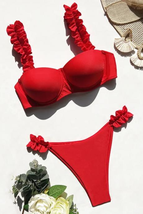 Womens Ruffled Red Bikini Set Push-up Swimwear
