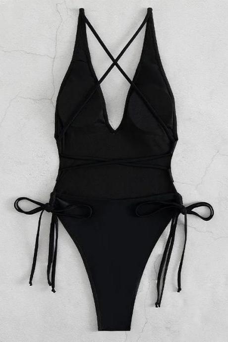 Womens Strappy Black One-piece Swimsuit With Side Ties