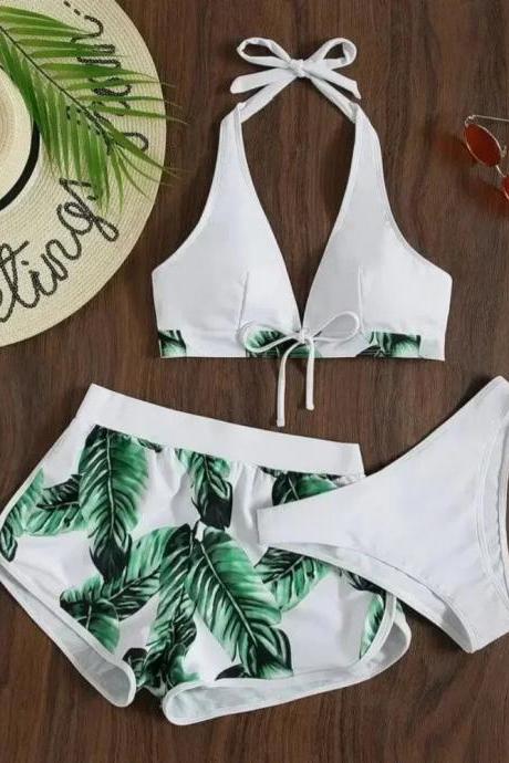 Womens Halter Neck Bikini Set Tropical Palm Print